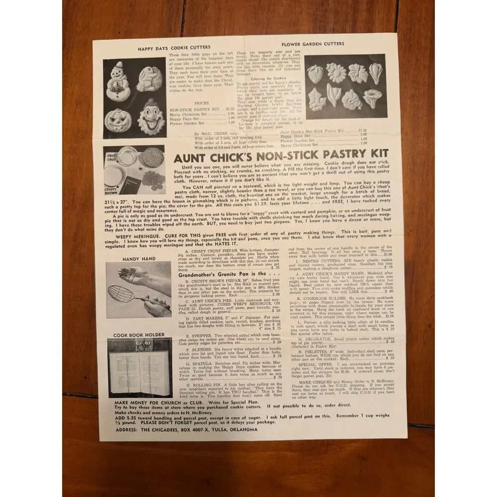 3 Vintage Aunt Chick's Pastry Kit Cookie Cutter Brochures Tulsa OK Chickadees